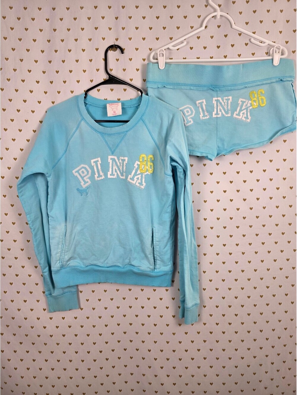 Vintage 2005 Victoria's Secret PINK 86 Sweatshirt Shorts Set M Y2K Aqua